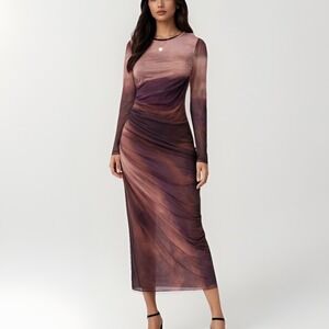 Ruched Mesh Long Dress XL Indie Grunge Y2K Brown Ombre Sheer Long Sleeve Bodycon